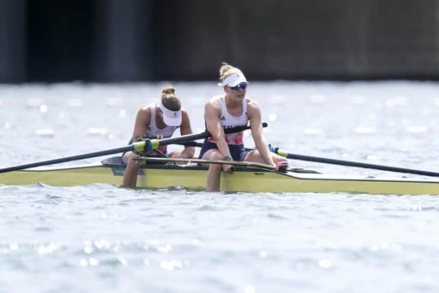 So close: Great Britain's Helen Glover and Polly Swann react after finishing fourth in the Women's Pair Final A at Sea Forest Waterway. Picture: Danny Lawson/PA