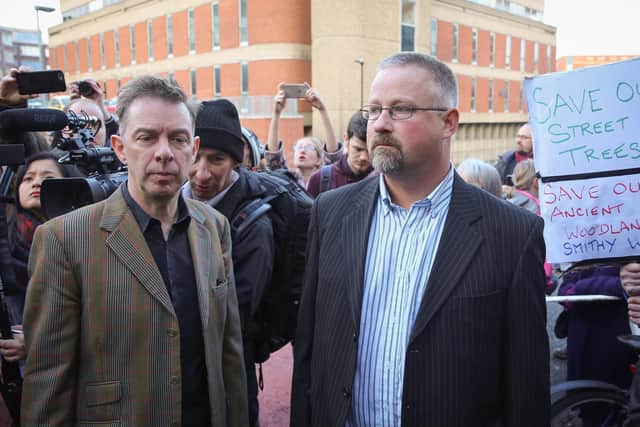 Crump and Payne leave Sheffield Magistrates Court after being charged under Section 241 of the Trade Union and Labour Relations (Consolidation) Act 1992 for protesting against a tree-felling. The charges were later dropped and compensation paid to them by South Yorkshire Police. Picture: Ross Parry