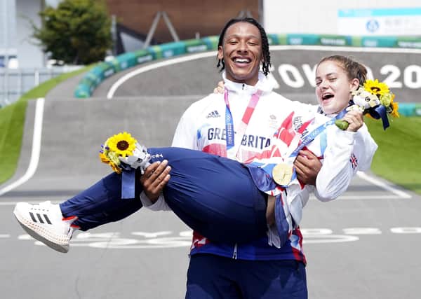 Pedal power: Bethany Shriever and Kye Whyte celebrate their gold and silver medals respectively in the Cycling BMX Racing at the Ariake Urban Sports Park.