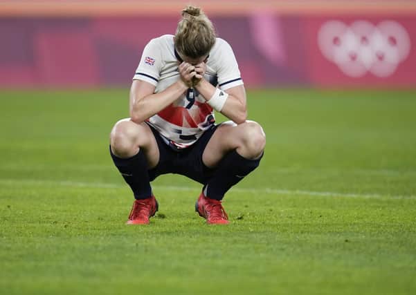 Tearful: Britain's hat-trick scorer Ellen White reacts after losing against Australia.