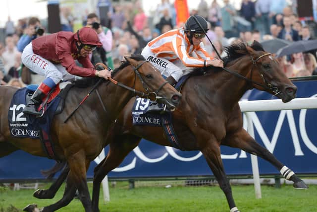 Ortensia ridden by William Buick (right) beats Spirit Quartz ridden by Frankie Dettori to win the Coolmore Nunthorpe Stakes during day three of the 2012 Ebor Festival at York Racecourse.