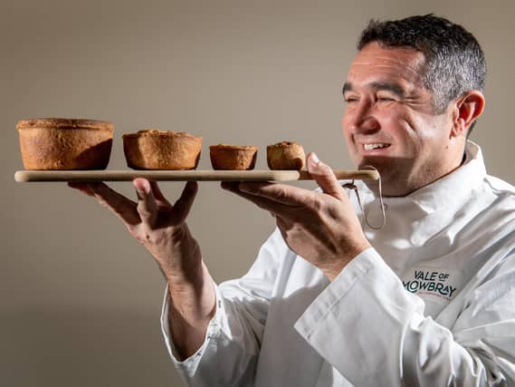 MD Mark Gatenby with some of his Vale of Mowbray pies in North Yorkshire. Picture: Bruce Rollinson.