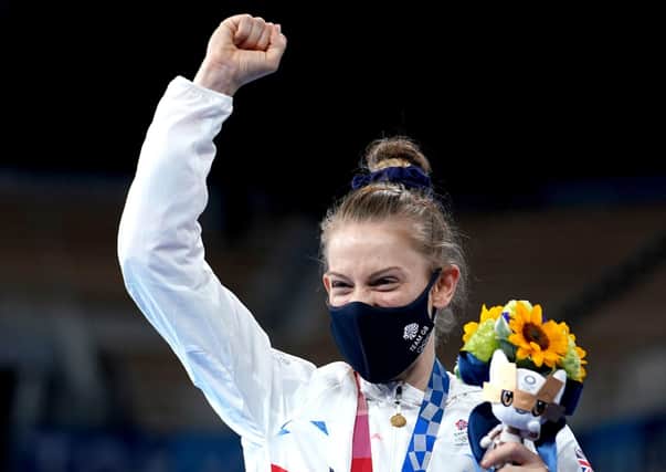 Great Britain's Bryony Page celebrates with her bronze medal after finishing third in the Women's Trampoline Gymnastics at Ariake Gymnastic Centre on the seventh day of the Tokyo 2020 Olympic Games in Japan. (Picture: Mike Egerton/PA Wire)