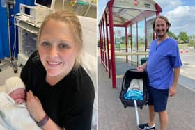 Becky with Barnaby in the maternity unit and Philip with his new son where it all unfolded. (Credit: The Mid Yorkshire Hospitals NHS Trust)