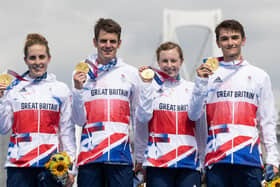 CHAMPIONS: Jess Learmonth, Jonny Brownlee, Georgia Taylor-Brown and Alex Yee with their Olympic golds. Picture: Getty Images.