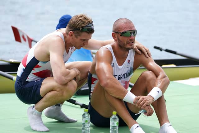 Great Britain's Men's Eight react to winning Bronze at Sea Forest Waterway on the seventh day of the Tokyo 2020 Olympic Games in Japan. (Picture: Mike Egerton/PA Wire)