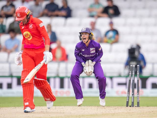 WIDE APPEAL: Northern Superchargers' Lauren Winfield-Hill celebrates stumping Welsh Fire's Sarah Taylor. Picture by Allan McKenzie/SWpix.com