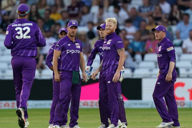 ONE TEAM: Northern Superchargers' Ben Stokes (centre) celebrates with team-mates after taking the wicket of Trent Rockets' Tom Moores at Trent Bridge. Picture: Tim Goode/PA