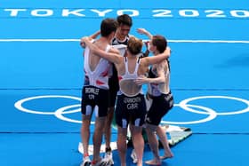 GOLDEN: GB's mixed triathlon relay team celebrate victory in Tokyo. Picture: Getty Images.