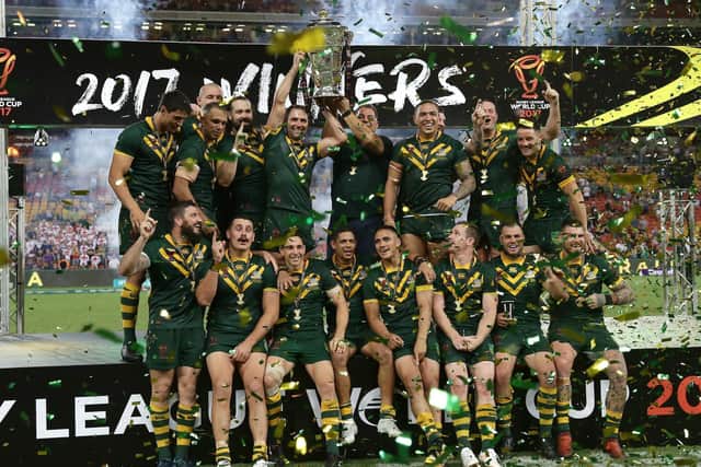 NOT THIS TIME: Australia celebrate after winning the Rugby League World Cup final against England in Brisbane in 2017. Picture: Tertius Pickard/SWpix.com/PhotosportNZ