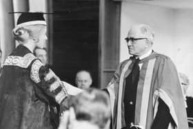 This was Sir Alec Clegg receiving an honorary degree from the Duchess of Kent in 1972.