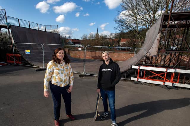 Councillor Di Keal and campaigner Ryan Swain pictured at the half pipe near Malton which campaigners are trying to save