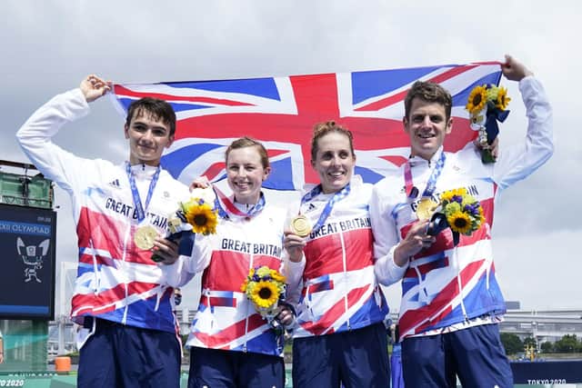 Great Britain's Alex Yee, Georgia Taylor-Brown Jessica Learmonth and Jonathan Brownlee on the podium with the gold medal for the Triathlon Mixed Relay at Odaiba Marine Park on the eighth day of the Tokyo 2020 Olympic Games in Japan. (Picture: Danny Lawson/PA Wire)