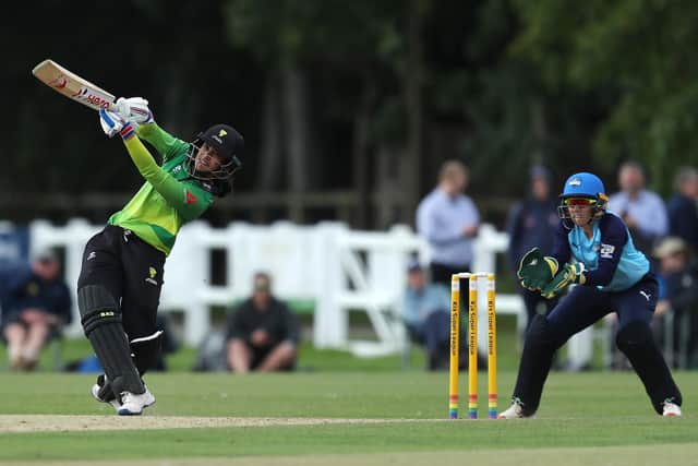 Big hit: Western Storm's Smriti Mandhana in action at York against Yorkshire Diamonds in 2019. Picture by John Clifton/SWpix.com
