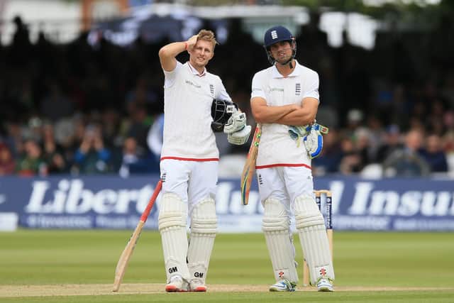 Closing in: Yorkshire and England batsman Joe Root, left, needs just 22 runs to overtake Sir Alastair Cook’s (right)  career mark of 15,737 - the most international runs for England across formats. Picture: Nigel French/PA Wire.