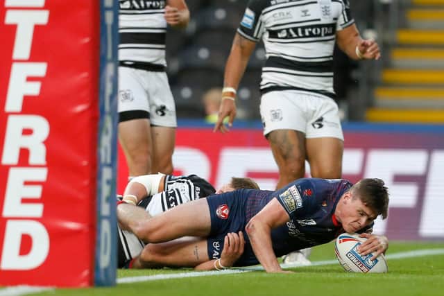 St Helens' Jack Welsby scores their third try against Hull (Picture: Ed Sykes/SWPix.com)