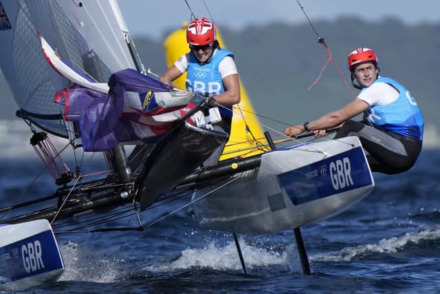 Silver sailors: Britain's Anna Brunet and John Gimson compete during the mixed Nacra 17 medal race.
