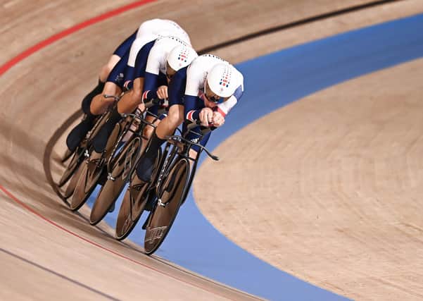 Ethan Hayter, Edward Clancy, Ethan Vernon and Oliver Wood of Great Britain in action during the men's team pursuit qualifying (Picture: Alex Broadway/SWpix.com)