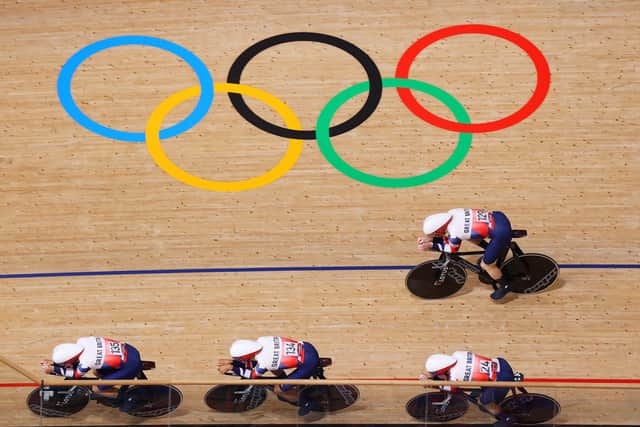 Fronm left: Oliver Wood, Ethan Vernon, Ed Clancy and Ethan Hayter of Team Great Britain during the Men ́s team pursuit qualifying of the Track Cycling at Izu Velodrome. (Picture: Tim de Waele/Getty Images)