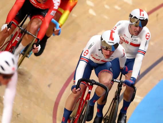 Ollie Wood racing in the men's madison during the 2020 UCI Track Cycling World Championships. (Pic credit: Tim Goode / PA Wire)