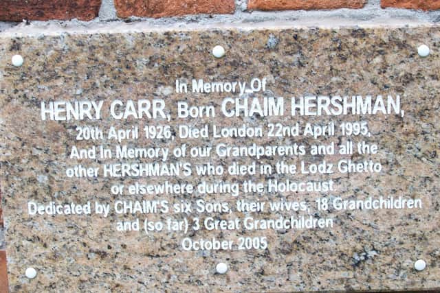The plaque placed in Lodz by the Carr family in memory of their father