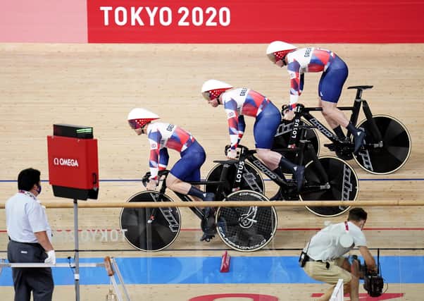 On track Great Britain's Ryan Owens, Jason Kenny and Jack Carlin in action in the men's team sprint at the Izu Velodrome. Pictures: Danny Lawson/PA