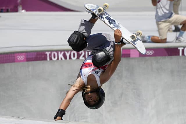 Sky Brown of Britain on her way to a bronze medal in the women's park skateboarding finals at the 2020 Summer Olympics (AP Photo/Ben Curtis)