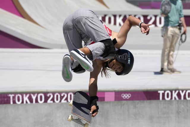 Sky Brown of Britain competes in the women's park skateboarding finals at the 2020 Summer Olympics (AP Photo/Ben Curtis)