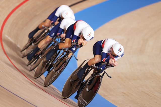 Ed Clancy alongside Oliver Wood, Ethan Hayter and Ethan Vernon on Monday, inset, he took the decision to retire on Tuesday. Pictures: getty images(Photo by Justin Setterfield/Getty Images)