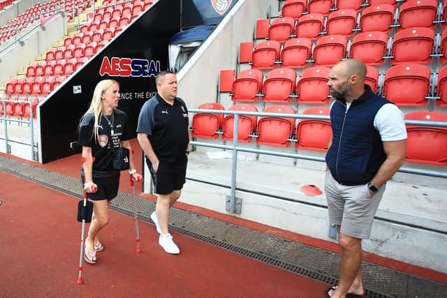Welcome back: Rotherham manager Paul Warne with fans Kerry Coleman and James Bradshaw of the Millers’ Disabled Supporters Association. (Picture: Matt West/Shutterstock for EFL)