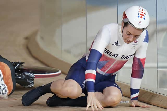 Down: Great Britain's Katy Marchant reacts after a collision with Netherlands' Laurine van Riessen during the women's keirin quarter-finalsat Izu Velodrome. Pictures: Danny Lawson/PA
