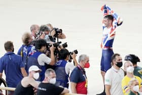 Golden moment: Great Britain's Matthew Walls celebrates after the men's omnium points race at Izu Velodrome. Pictures: Danny Lawson/PA
