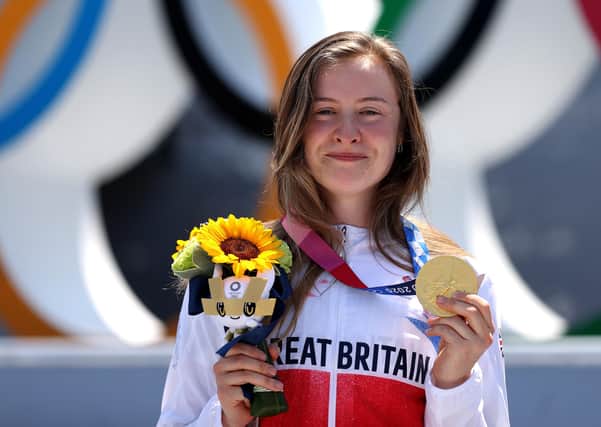 Gold Medalist Charlotte Worthington of Team Great Britain poses for a photo with her gold medal after the Women's Park Final of the BMX Freestyle on day nine of the Tokyo 2020 Olympic Games.