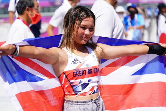 Great Britain's Sky Brown celebrates winning the bronze medal during the Women's Park Final at Ariake Sports Park on the twelfth day of the Tokyo 2020 Olympic Games in Japan.
