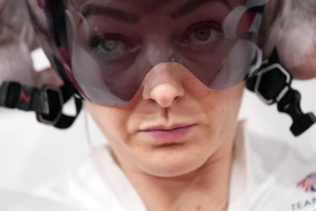 Katy Marchant of Team Britain prepares to compete during the track cycling women's keirin. (AP Photo/Christophe Ena)