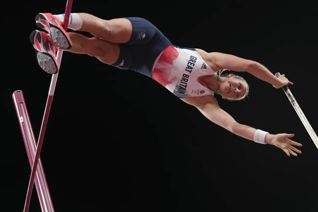 Holly Bradshaw, of Britain, competes in the final of the women's pole vault at the 2020 Summer Olympics. (AP Photo/Matthias Schrader)