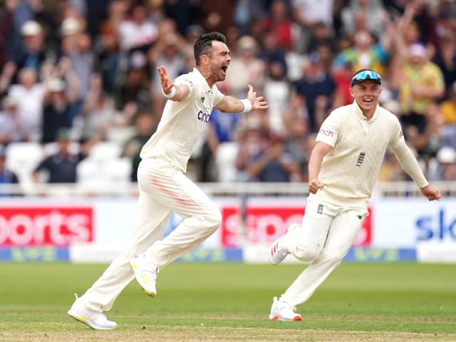 Mr Happy: The normally reserved England bowler James Anderson, left, can’t mask his feelings after getting India’s Virat Kohli out first ball at Trent Bridge.Picture: Tim Goode/PA Wire.
