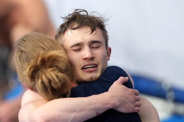 Great Britain's Jack Laugher celebrates taking bronze in the Men's 3m Springboard Final at Tokyo Aquatics Centre on the eleventh day of the Tokyo 2020 Olympic Games in Japan. Picture: Martin Rickett/PA Wire