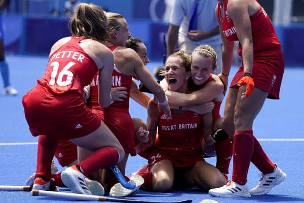 We've done it: Britain celebrate after defeating India during the women's field hockey bronze medal match at the 2020 Summer Olympics in Tokyo, Japan. Britain won 4-3. Picture: AP Photo/John Locher