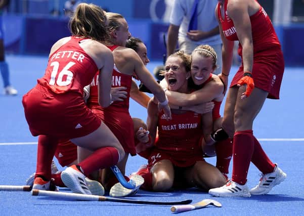 We've done it: Britain celebrate after defeating India during the women's field hockey bronze medal match at the 2020 Summer Olympics in Tokyo, Japan. Britain won 4-3. Picture: AP Photo/John Locher