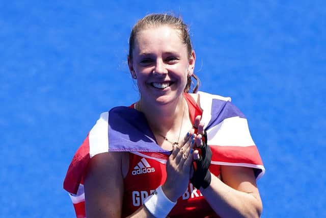 Delighted: Great Britain's Giselle Ansley celebrates winning bronze at the Oi Hockey Stadium.