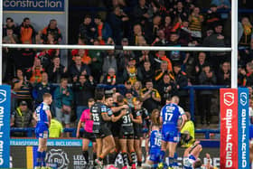 Castleford celebrate Greg Eden scoring their fourth try.  Pictures: Bruce Rollinson