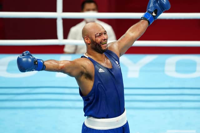 Great Britain's Frazer Clarke celebrates bronze after a cut stops the fight in the Men's Super Heavy (+91kg) boxing at Kokugikan Arena on the twelfth day of the Tokyo 2020 Olympic Games in Japan. (Picture: Mike Egerton/PA Wire)