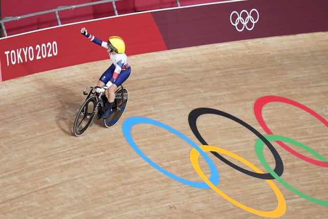 Great Britain's Laura Kenny celebrates winning gold in the Women's Madison Final at the Izu Velodrome on the fourteenth day of the Tokyo 2020 Olympic Games in Japan.