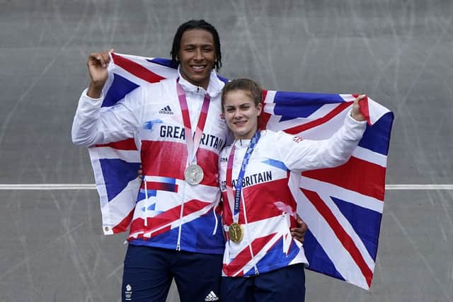 Urban uprising: Great Britain's Bethany Shriever and Kye Whyte celebrate their gold and silver medals respectively for the Cycling BMX Racing (Picture: PA)