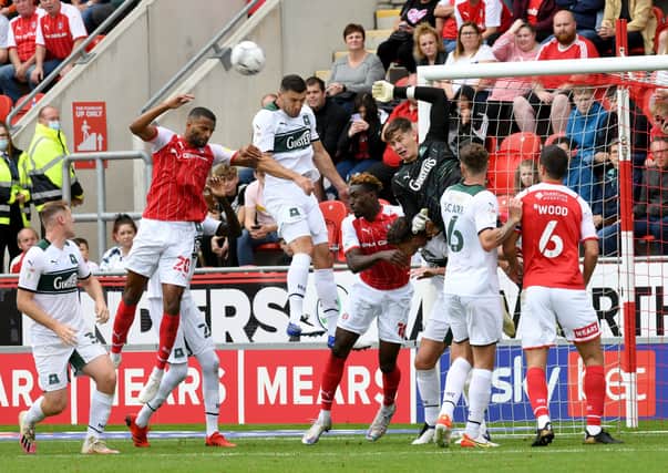 Michael Ihiekwe  of Rotherham United powers in a header on the  Plymouth goal. Picture: Gary Longbottom