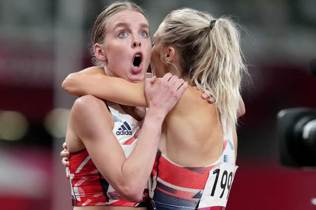 Great Britain’s Keely Hodgkinson, a student at Leeds Beckett University, reacts with Leeds's Alex Bell after winning silver in the Women’s 800m Final (Picture: Martin Rickett/PA Wire)