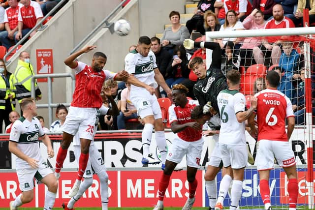 CHANCE: Michael Ihiekwe heads at goal during Rotherham United's 2-0 win over Plymouth Argyle