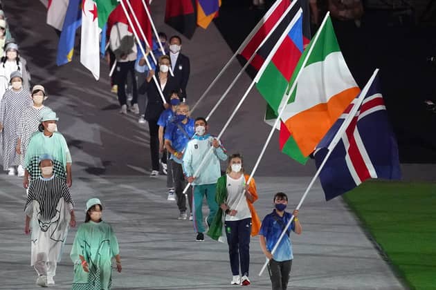 Ireland's Natalya Coyle with the tricolour flag during the closing ceremony of the Tokyo 2020 Olympic Games at the Olympic stadium in Japan.