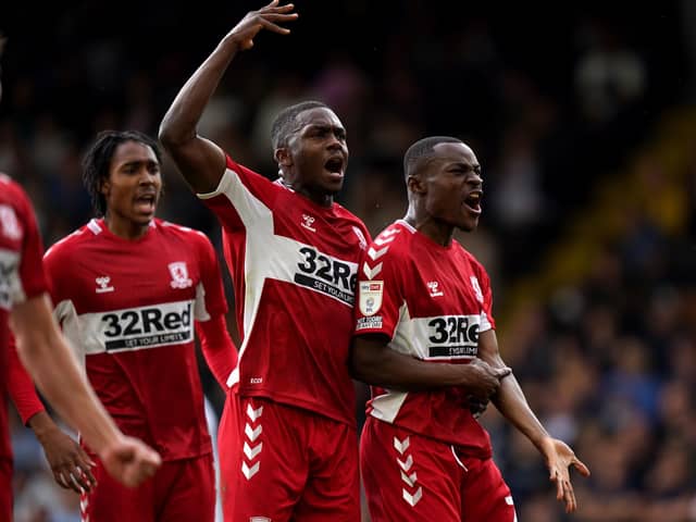 Middlesbrough's Marc Bola celebrates with teammates after scoring his side's equaliser at Fulham (Picture: PA)